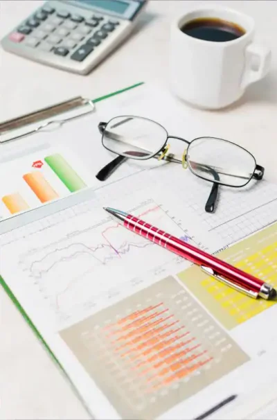 Work permit application concept with charts, glasses, pen, calculator, and coffee cup on office desk — representing UAE employment visa and residency process documentation.