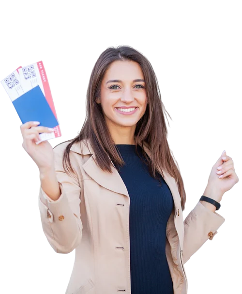 Smiling woman holding UAE passport and travel documents — representing Business Hub’s hassle-free UAE mainland visa and family visa services